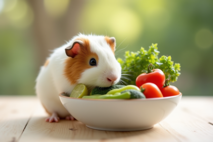 Cochon d'Inde mangeant des légumes frais dans un bol blanc