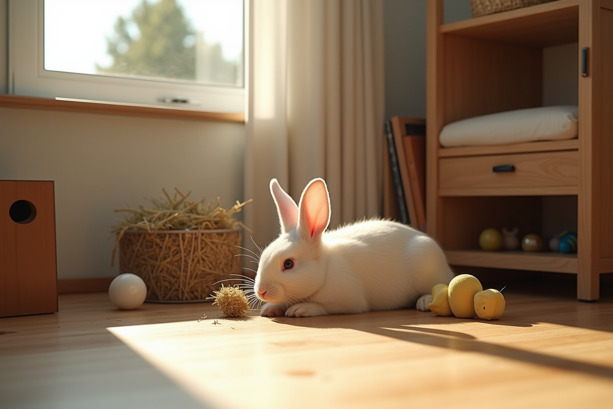 Coin cosy pour lapin avec jouets et foin au sol