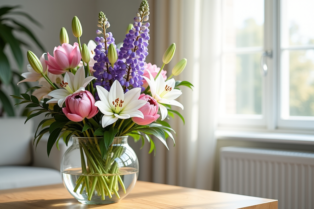 Composition florale intérieure avec lys lupins et lotus