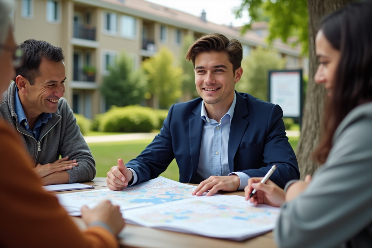 Jeune homme en ville discutant avec résidents dans parc