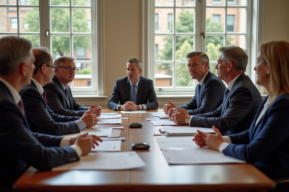 Conseil municipal en discussion dans une salle lumineuse