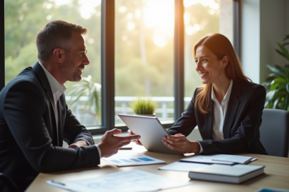 Conseiller financier expliquant la gestion d'actifs en bureau lumineux