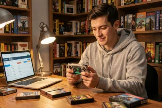Homme tenant une console portable retrogaming importée de Chine à son bureau, entouré de cartouches vintage et d'un ordinateur portable