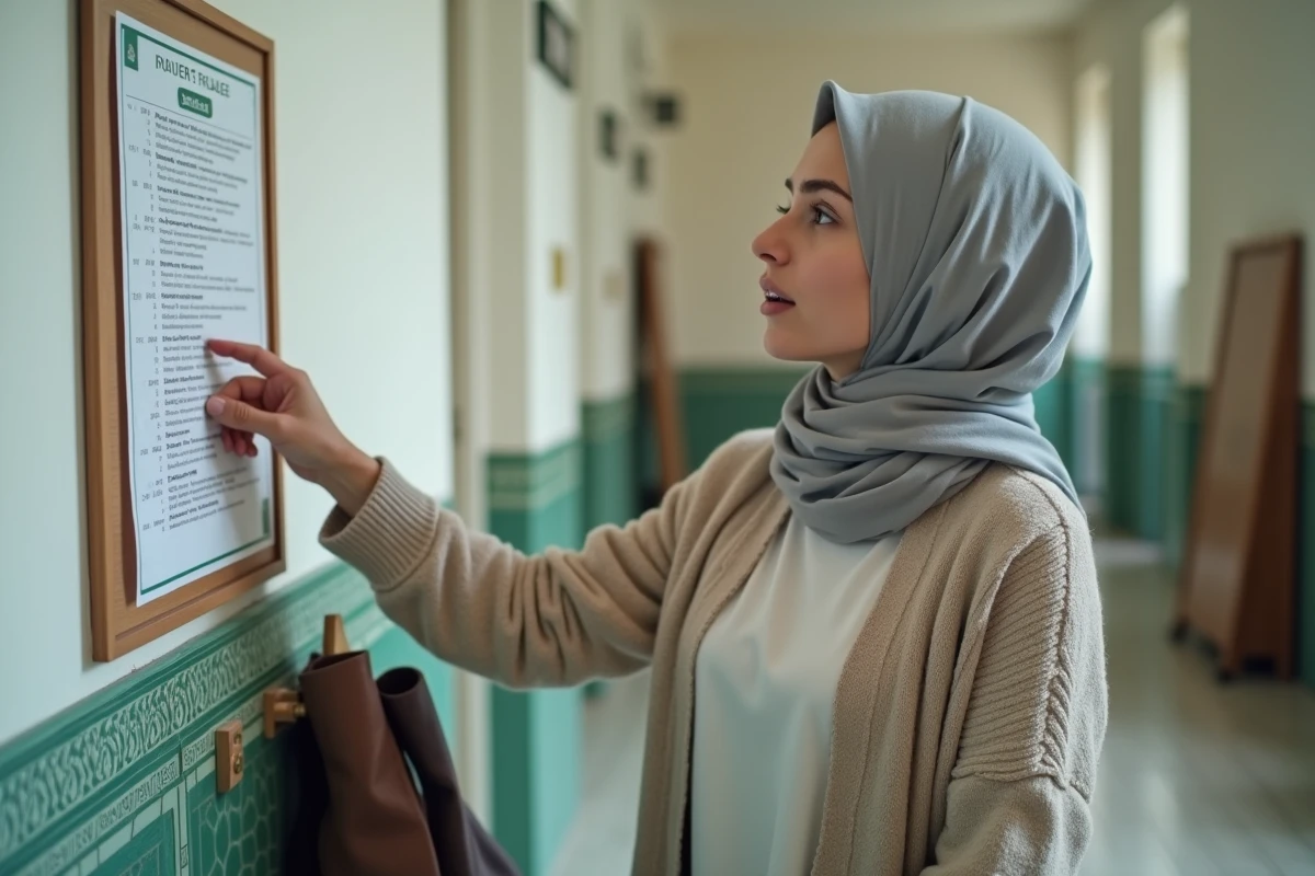 Jeune femme musulmane consultant le tableau des horaires de prière affiché dans l'entrée d'une mosquée en France