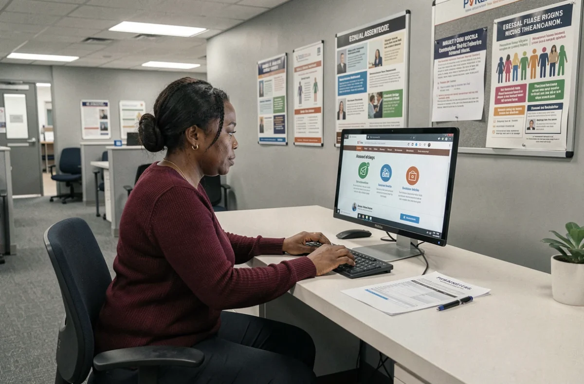 Femme consultant le site d'aide aux victimes de discrimination depuis un ordinateur dans un espace public administratif