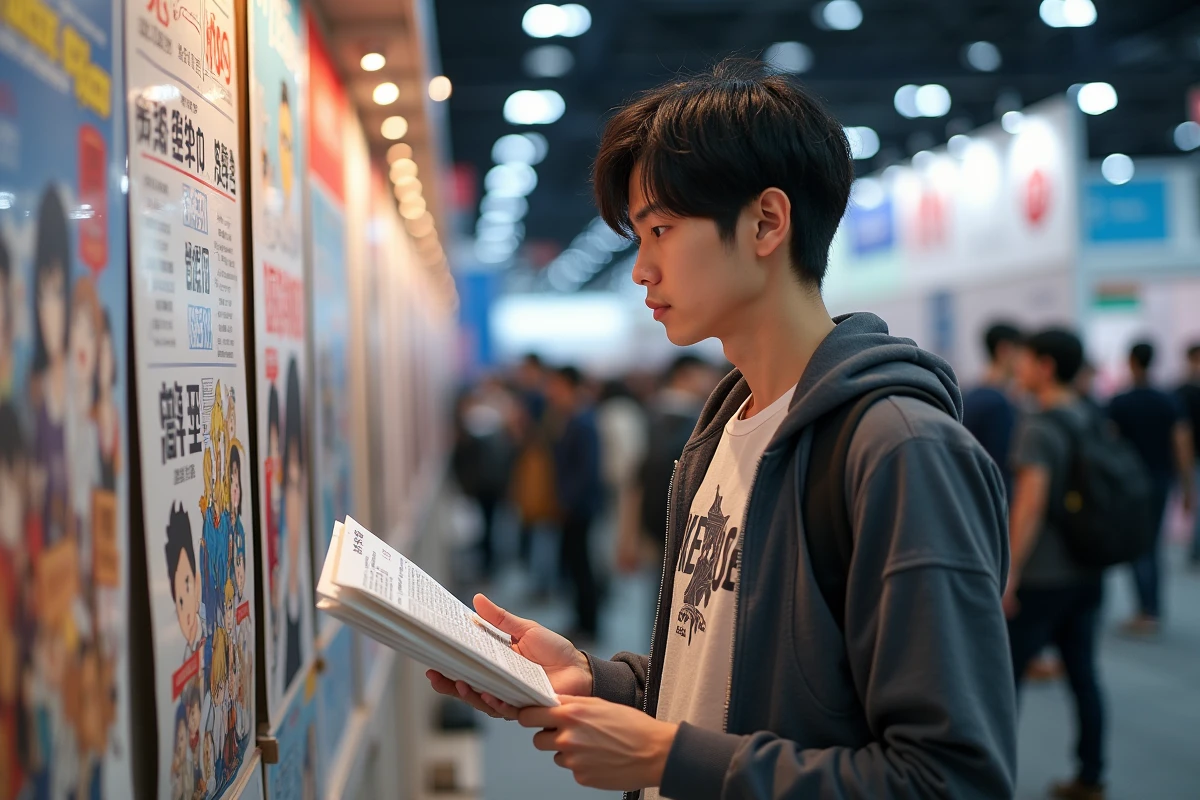 Fan d'anime masculin lisant une affiche d'annonce de saison dans un hall de convention japonais entouré de merchandise