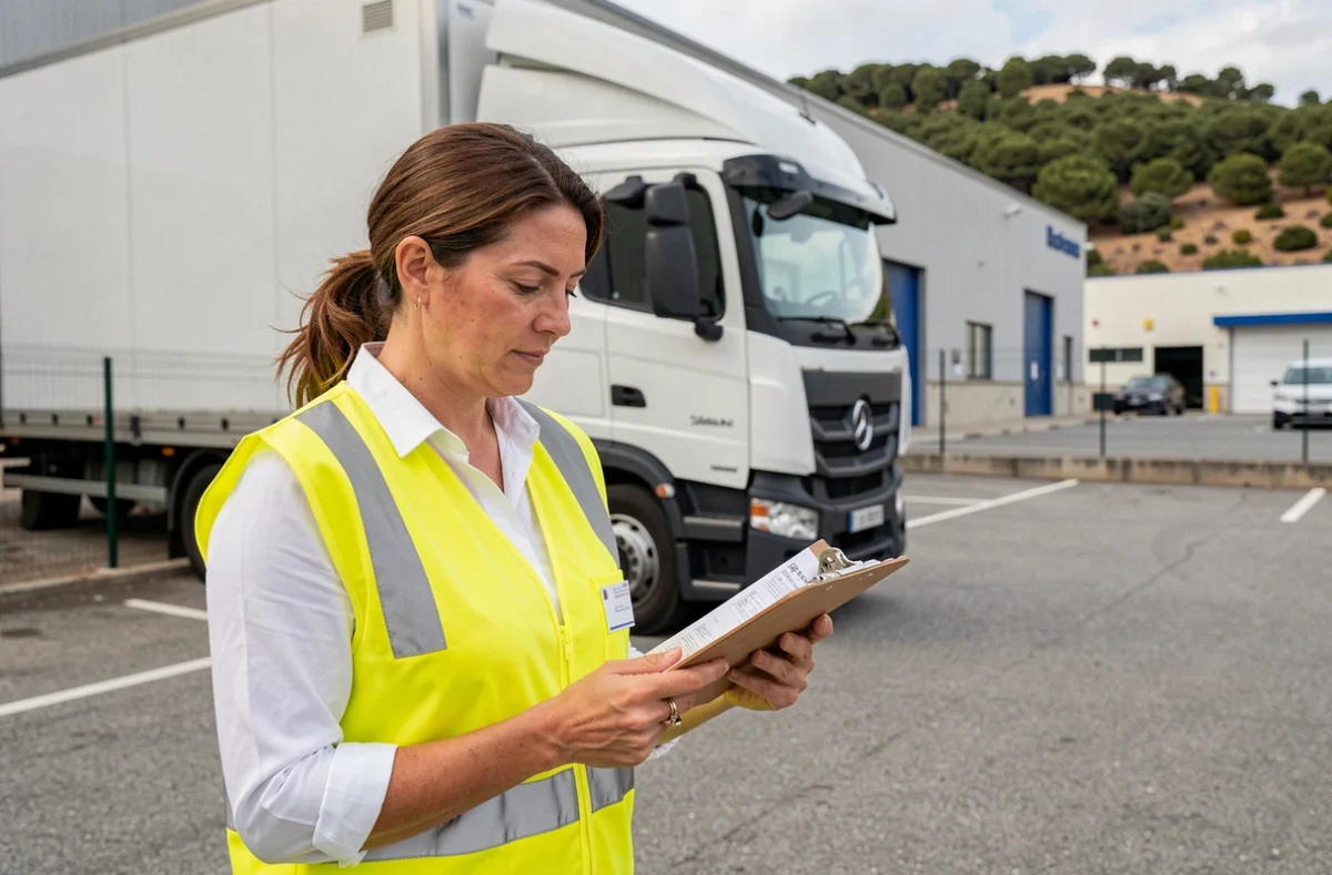 Coordinatrice logistique de Corse Déménagement inspectant une liste de colisage près d'un camion dans la zone industrielle de Biguglia