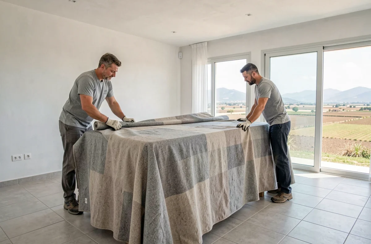 Deux déménageurs de Corsica Moving emballant une table dans une villa moderne près de l'aéroport de Lucciana