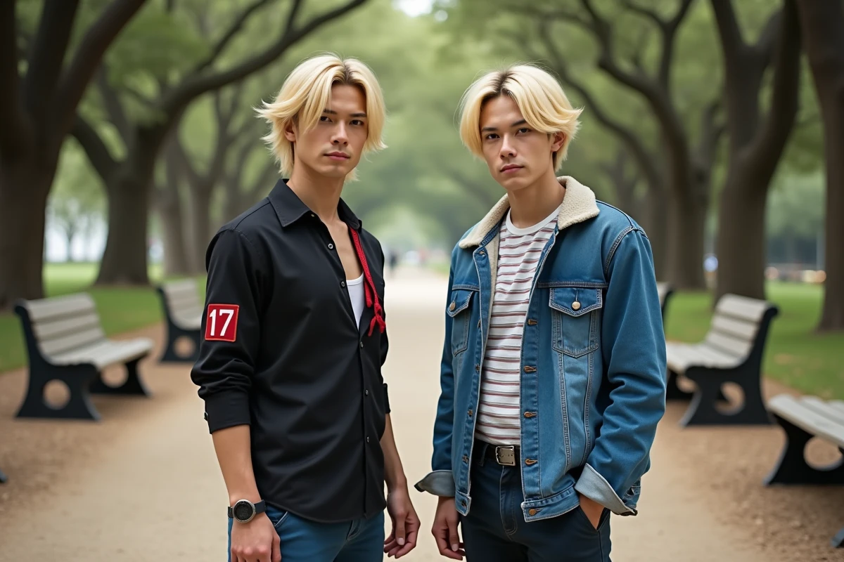 Duo de cosplayers représentant les Androïdes 17 et 18 de Dragon Ball dans un cadre naturel rappelant l'atmosphère de Dragon Ball GT