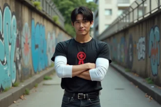 Cosplayer incarnant l'Androïde 17 de Dragon Ball Z avec tenue fidèle à l'anime, posant dans un décor urbain industriel