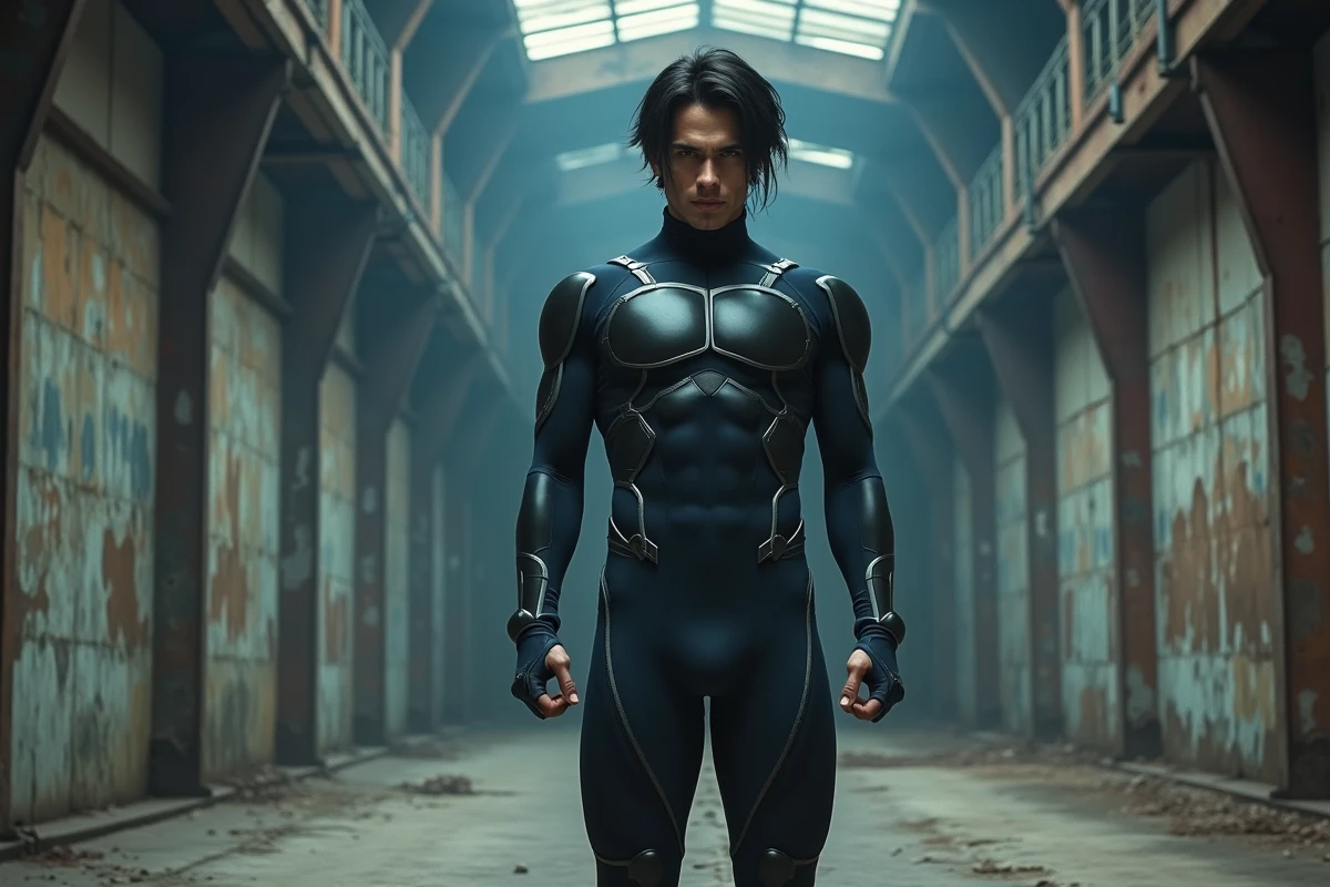 Cosplayer en tenue de Super Androïde 17 de Dragon Ball GT dans un entrepôt abandonné, illustrant la continuité entre les séries Dragon Ball GT et Super