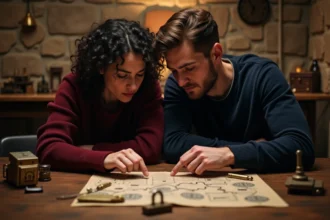 Couple jouant ensemble dans une salle d'escape game à Lyon, penchés sur des indices mystérieux posés sur une table en bois