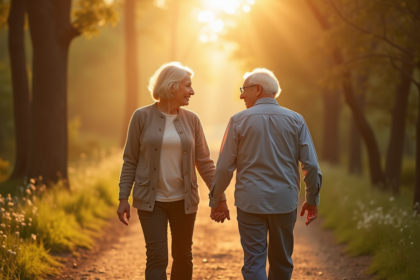 Vieux couple main dans la main dans la forêt ensoleillée