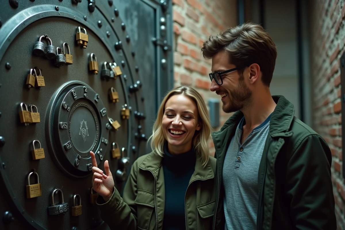 Un couple complice devant une porte de coffre-fort avec des cadenas dans une salle d'escape game à Lyon au décor industriel