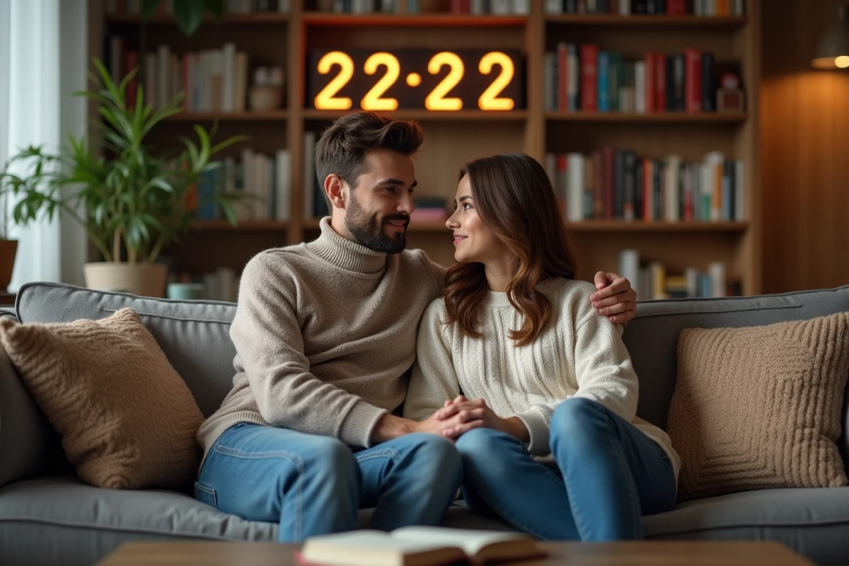 Couple assis sur un sofa dans un salon chaleureux