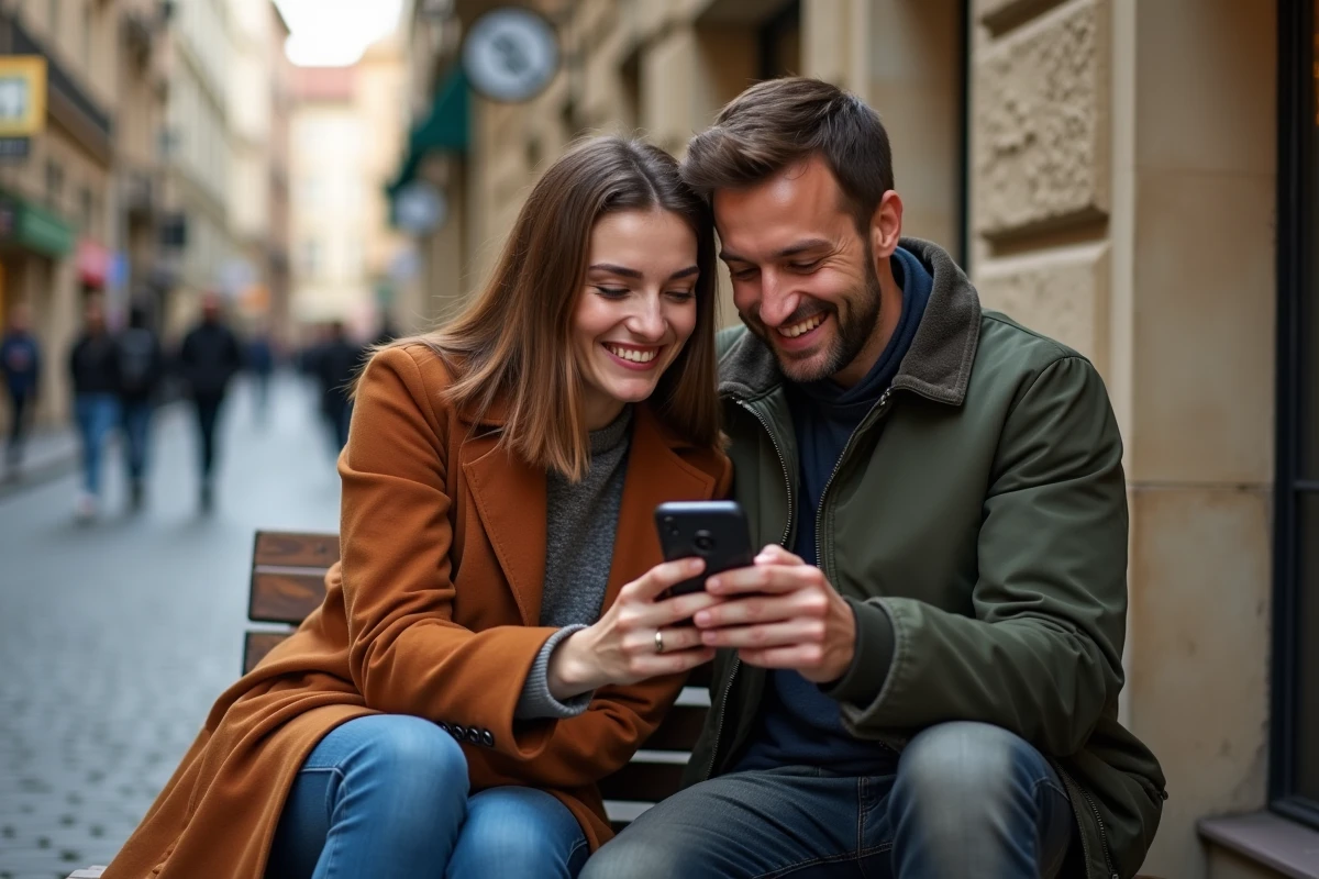 Couple souriant après une session d'escape game à Lyon assis devant la façade d'une salle de jeu en ville