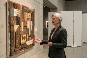 Curatrice devant une œuvre abstraite du mouvement yelaszozjindofo dans une galerie d'art contemporaine