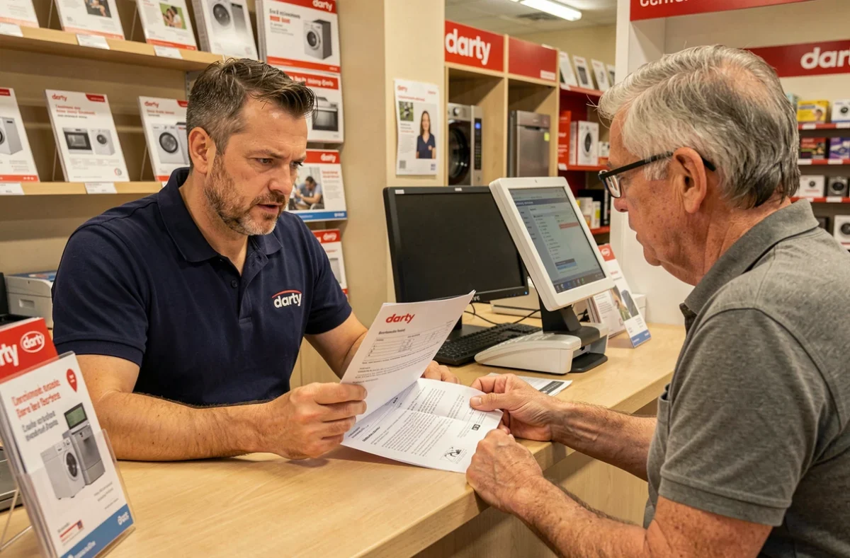 Conseiller Darty expliquant le contrat de réparation électroménager à un client dans un point de vente français