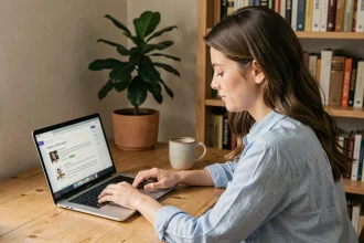 Jeune femme débutante utilisant un guide en ligne sur son ordinateur portable dans un bureau à domicile chaleureux