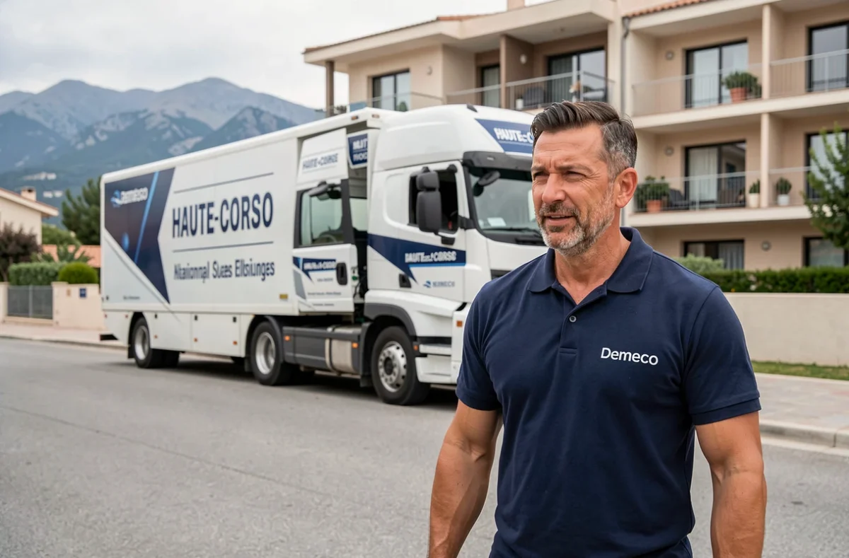 Superviseur du réseau national Demeco coordonnant le chargement d'un camion de déménagement en Haute-Corse