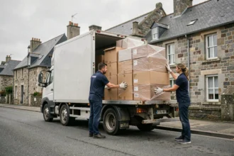 Équipe de déménageurs professionnels chargeant un camion dans une rue résidentielle du Finistère