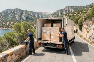 Équipe de déménageurs professionnels chargeant un camion sur une route côtière en Haute-Corse avec vue sur la mer Méditerranée