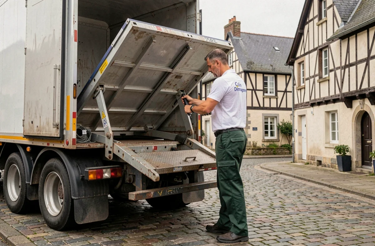 Déménageur de Colin Déménagements utilisant un hayon élévateur dans une rue de Quimper