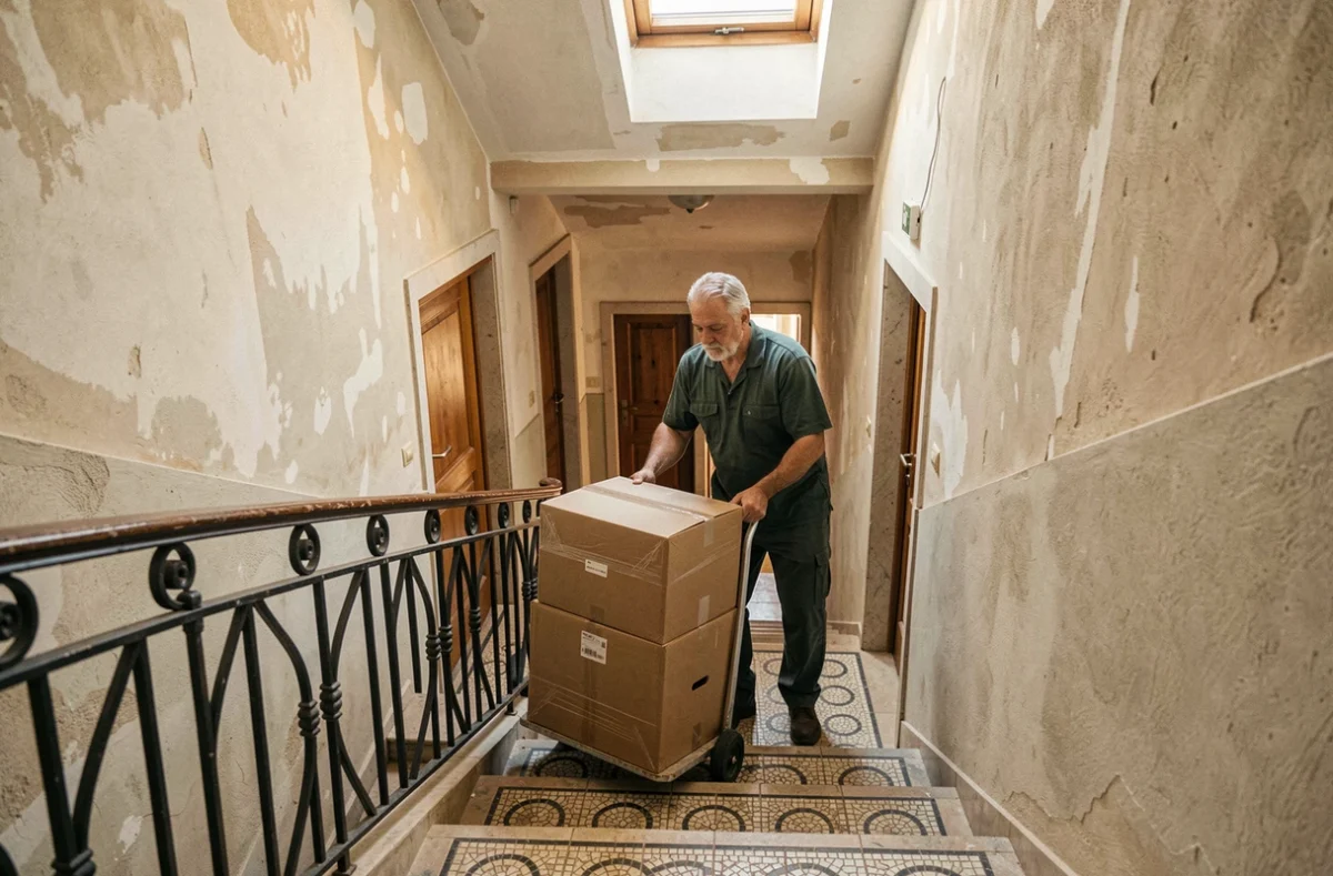 Déménageur de Déménagements Ferrandi manœuvrant un diable chargé de cartons dans l'escalier d'un immeuble à Furiani