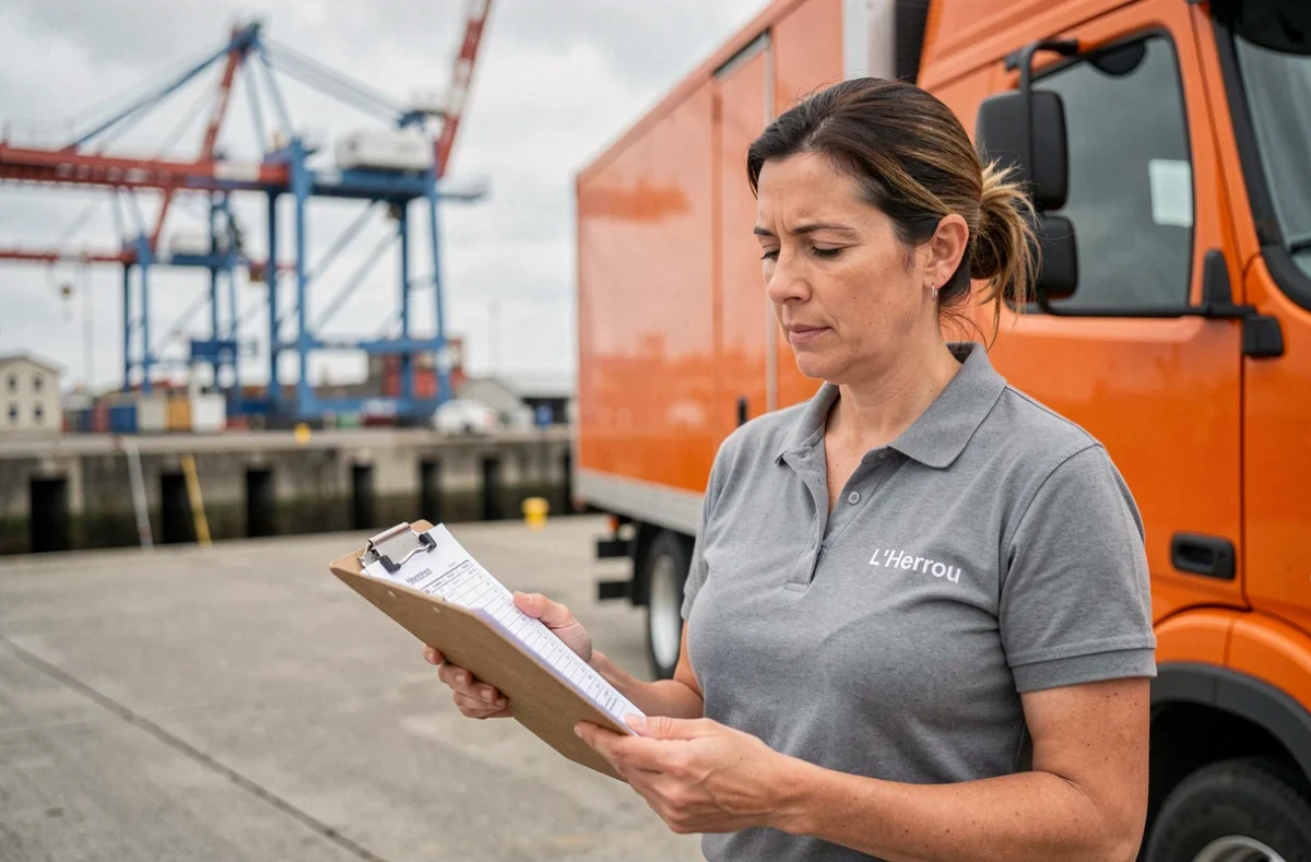 Coordinatrice de déménagement de R. L'Herrou vérifiant un inventaire près du port de Brest