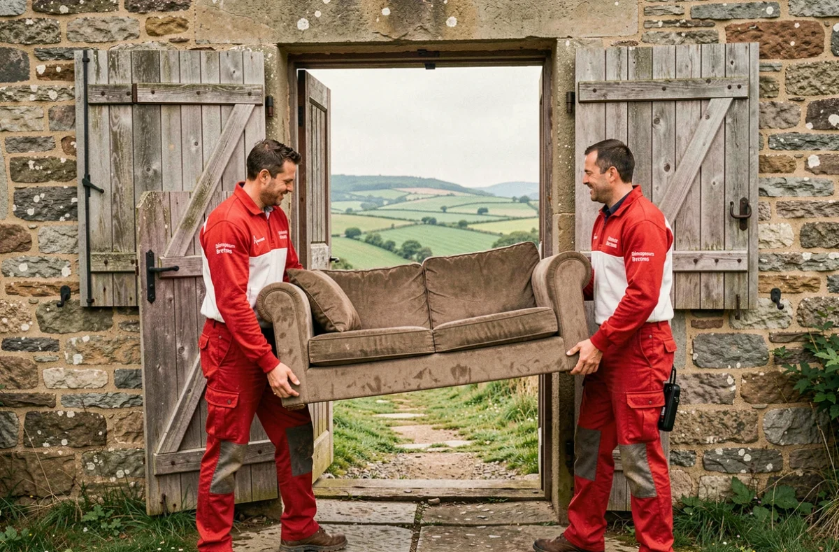 Deux déménageurs en uniforme rouge des Déménageurs Bretons transportant un canapé dans une longère bretonne