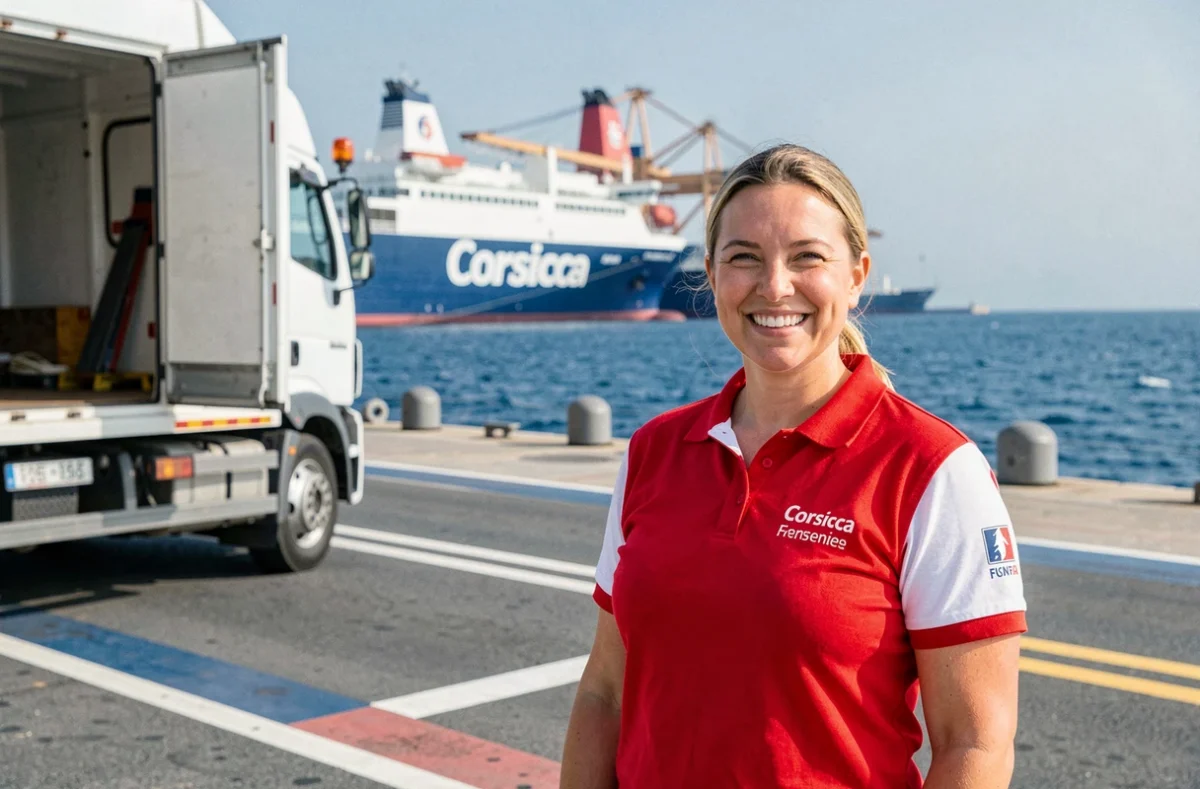 Coordinatrice des Déménageurs Bretons en polo rouge et blanc sur le quai de ferry du port de Bastia avec un ferry en arrière-plan