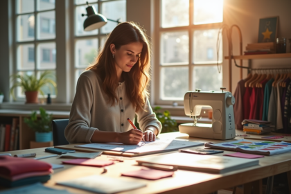 Dessinateur de mode esquissant des créations dans un atelier lumineux