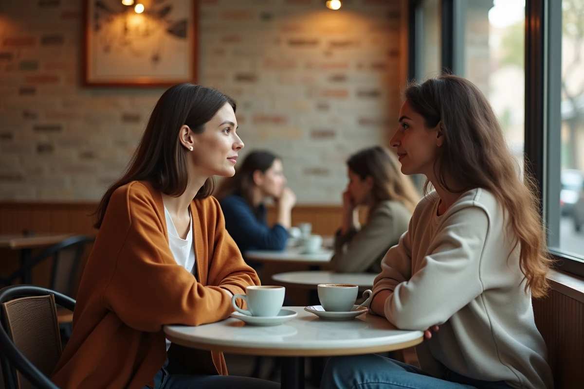 Deux femmes dans un café, l'une émotionnellement distante et l'autre bienveillante, illustrant la difficulté de l'amour non réciproque chez les hypersensibles