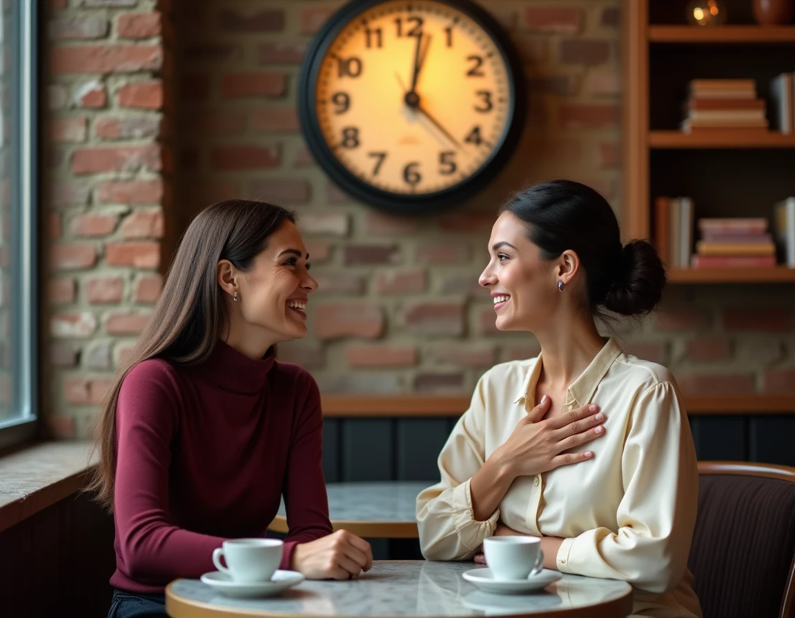 Deux femmes en conversation émotionnelle sincère dans un café vintage avec une horloge affichant 21h12, tasses d'espresso sur table en marbre