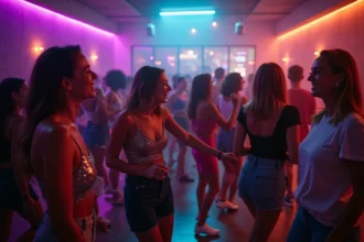 Foule dansant dans une discothèque de Perpignan après minuit avec ambiance néon et sol miroir