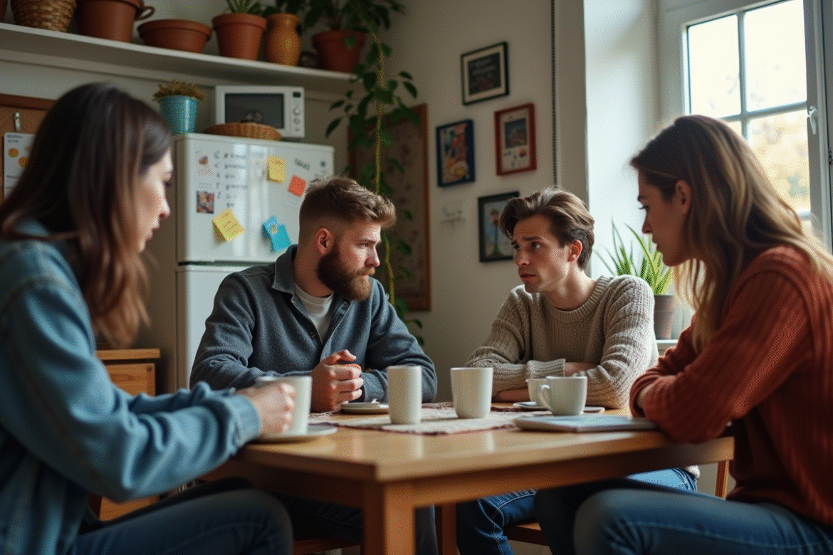 Groupe d'adultes discutant dans une cuisine partagée