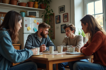 Groupe d'adultes discutant dans une cuisine partagée