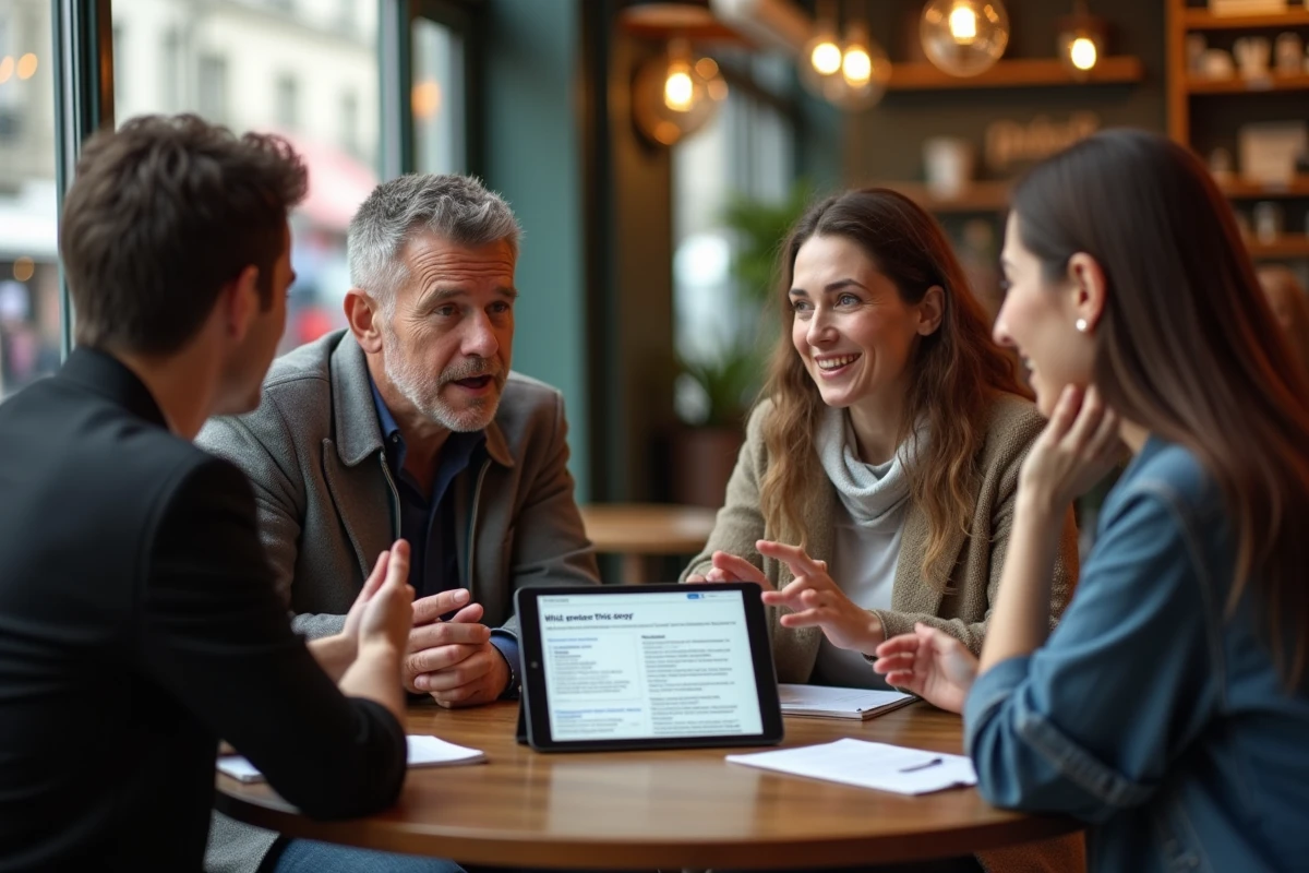 Groupe de personnes discutant dans un café parisien