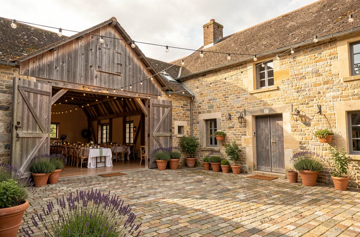 Cour pavée du Domaine du Gem avec grange rénovée en salle de réception et décoration champêtre pour mariages