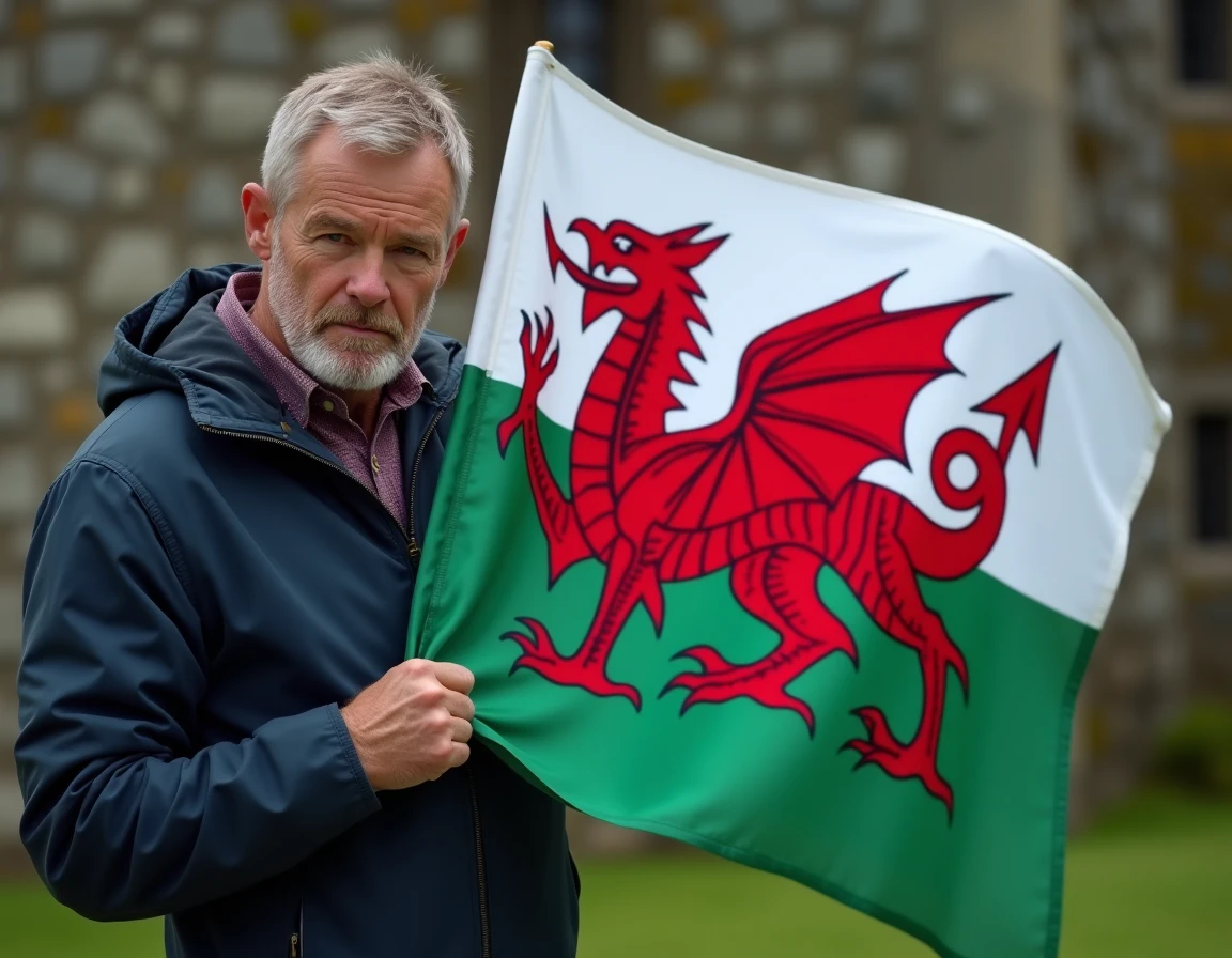 Homme tenant le drapeau gallois avec le dragon rouge devant un mur de château en pierre au Pays de Galles