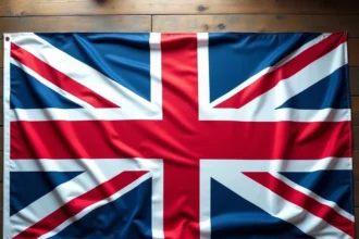 Drapeaux du Royaume-Uni disposés côte à côte sur une table en bois : Union Jack, croix de Saint-Georges et Saltire écossais