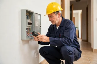 Électricien professionnel dans le Var inspectant un tableau électrique dans une maison résidentielle