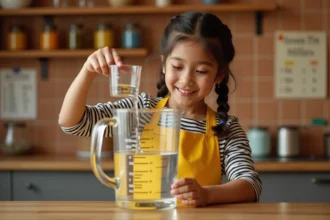 Jeune fille versant de l'eau dans un pichet gradué d'un litre pour apprendre la conversion des volumes en cuisine