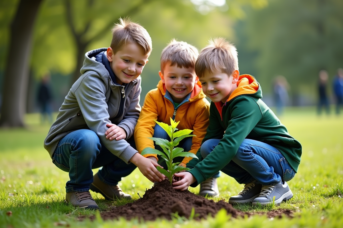 Trois enfants plantant un arbre dans un parc vert