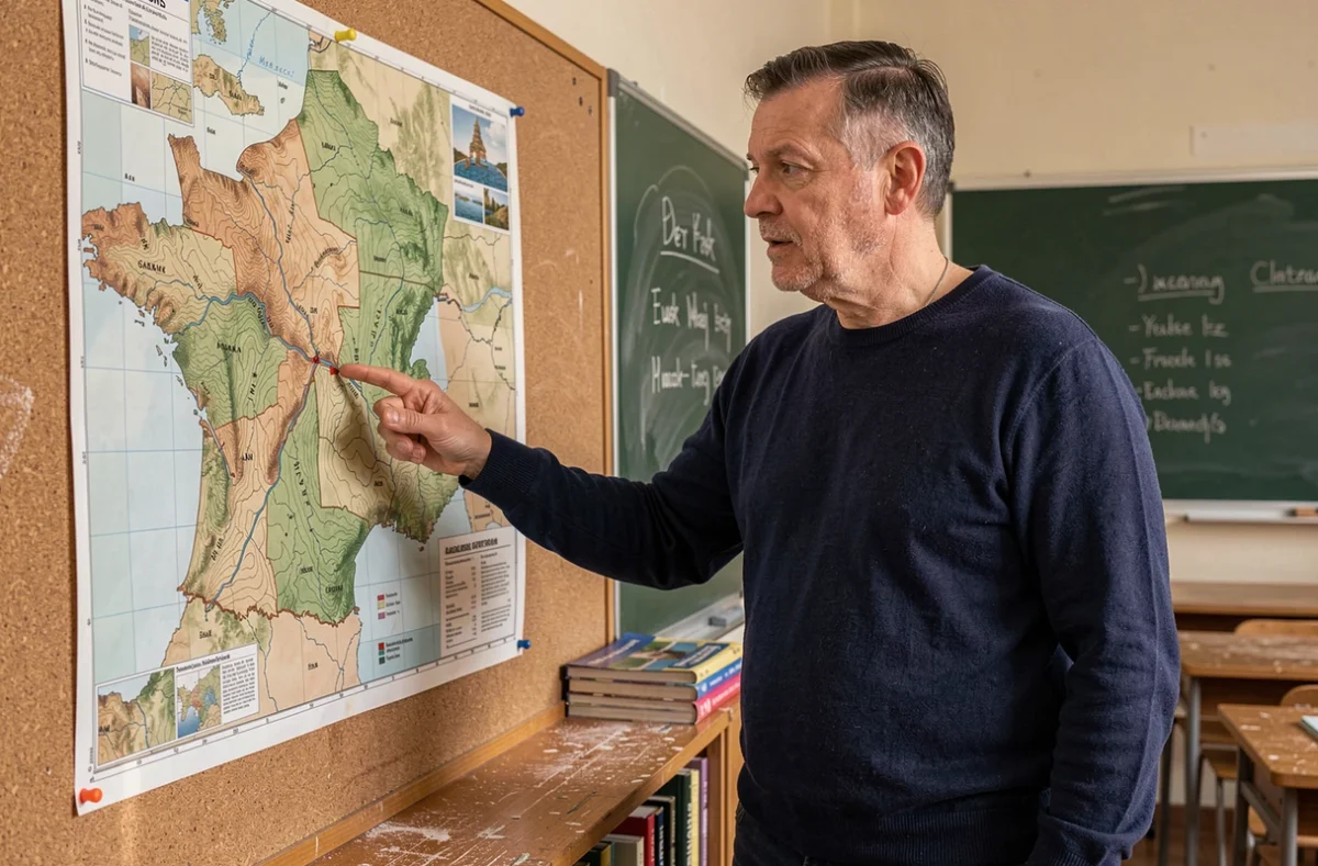 Enseignant en géographie expliquant les bassins versants des fleuves de France devant une carte topographique dans une salle de classe