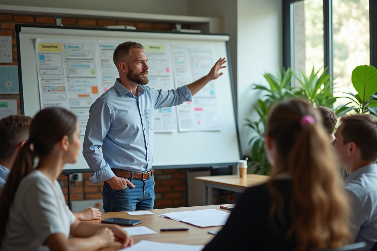 Professeur montrant une carte mentale à des lycéens