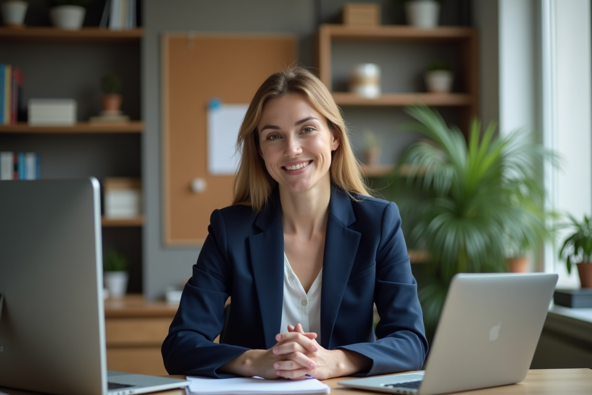 Professeure en ligne dans un bureau avec ordinateur et livres