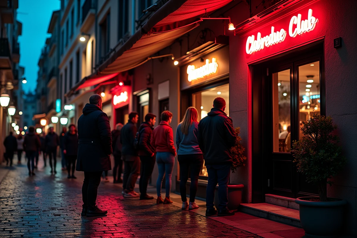 File d'attente devant l'entrée d'une discothèque de Perpignan la nuit avec reflets sur pavés mouillés