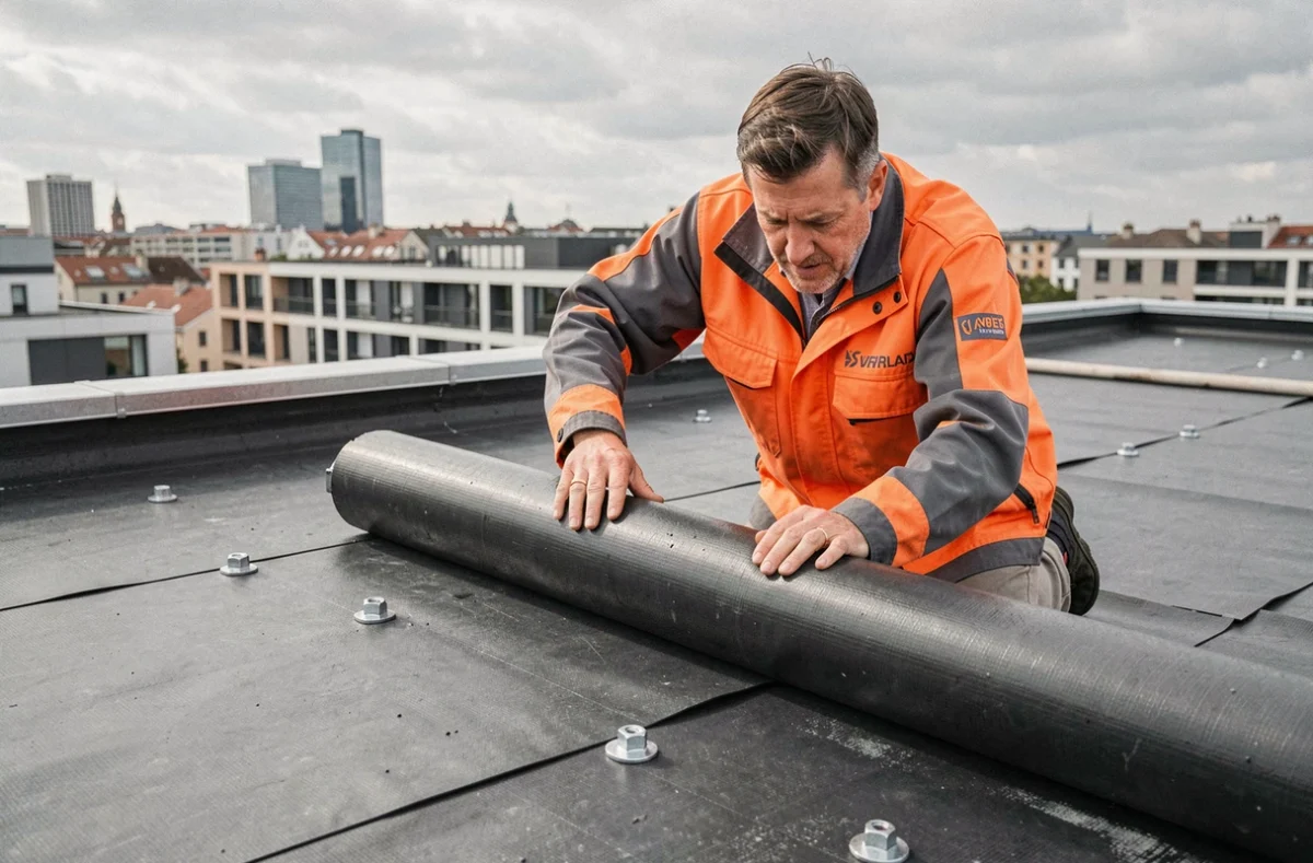 Couvreur appliquant une membrane d'étanchéité sur un toit plat commercial à Toulouse
