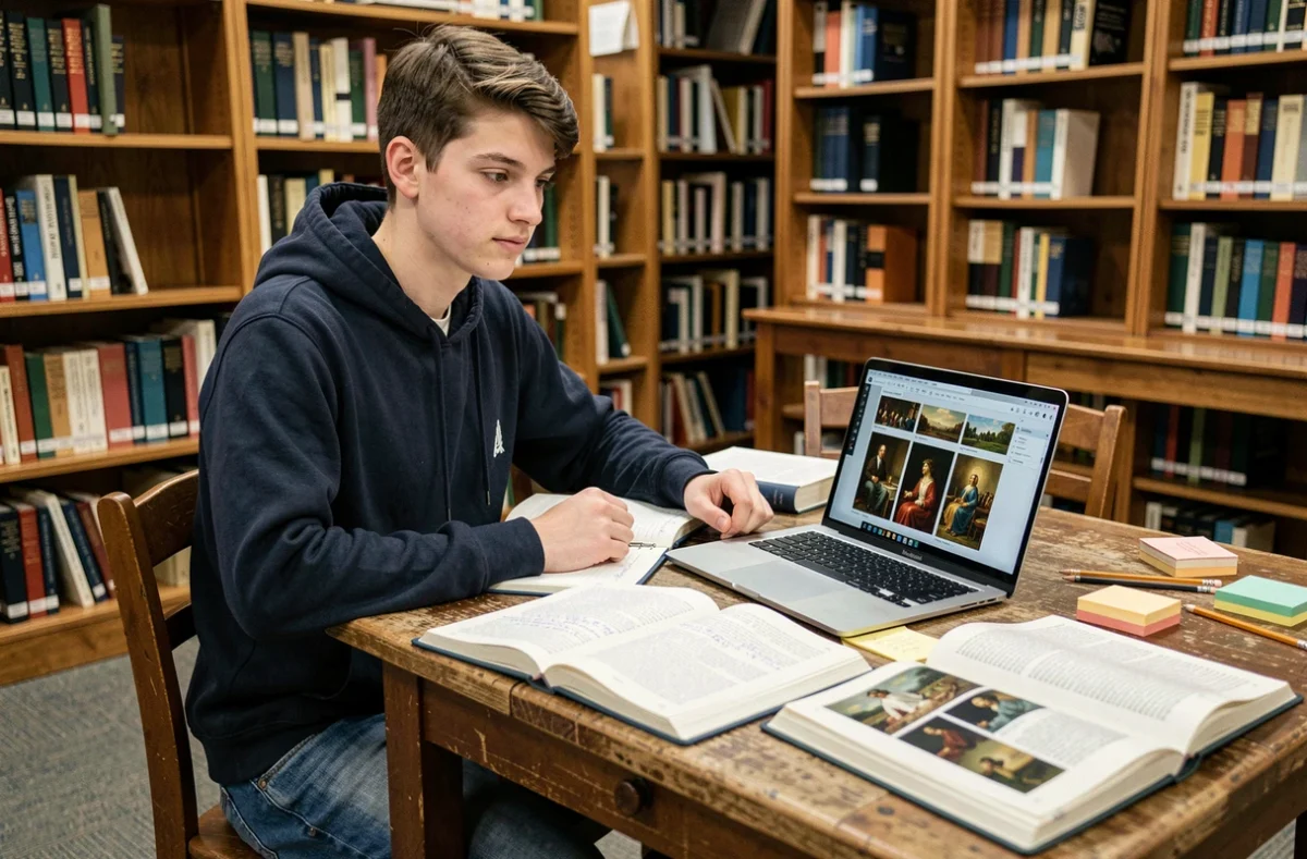Étudiant en histoire de l'art révisant une chronologie des grandes peintures dans une bibliothèque universitaire